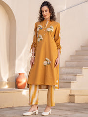 Mustard Embroidered Straight Kurta Trousers set