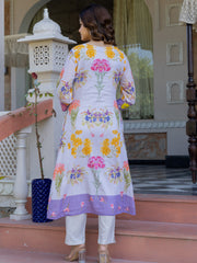 Off White Printed A-Line Kurta Trousers set