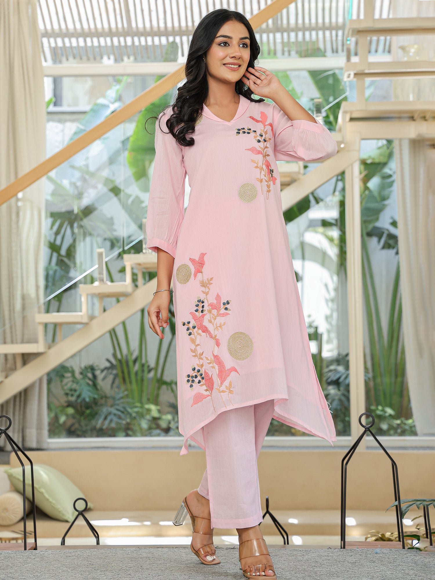 Pink Embroidered A-Line Kurta Trousers set