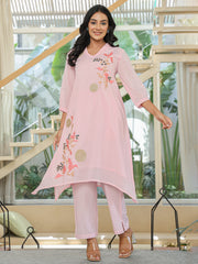 Pink Embroidered A-Line Kurta Trousers set