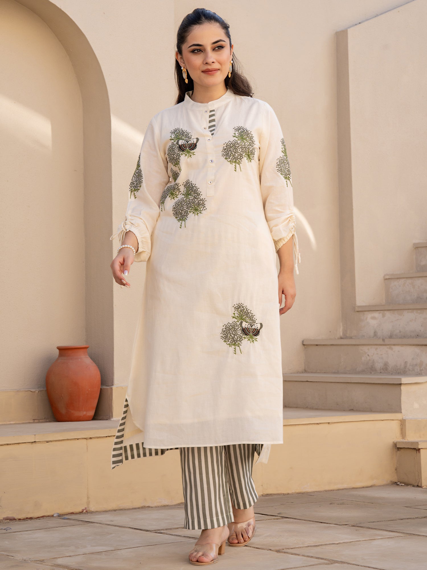Off White Embroidered Straight Kurta Trousers set