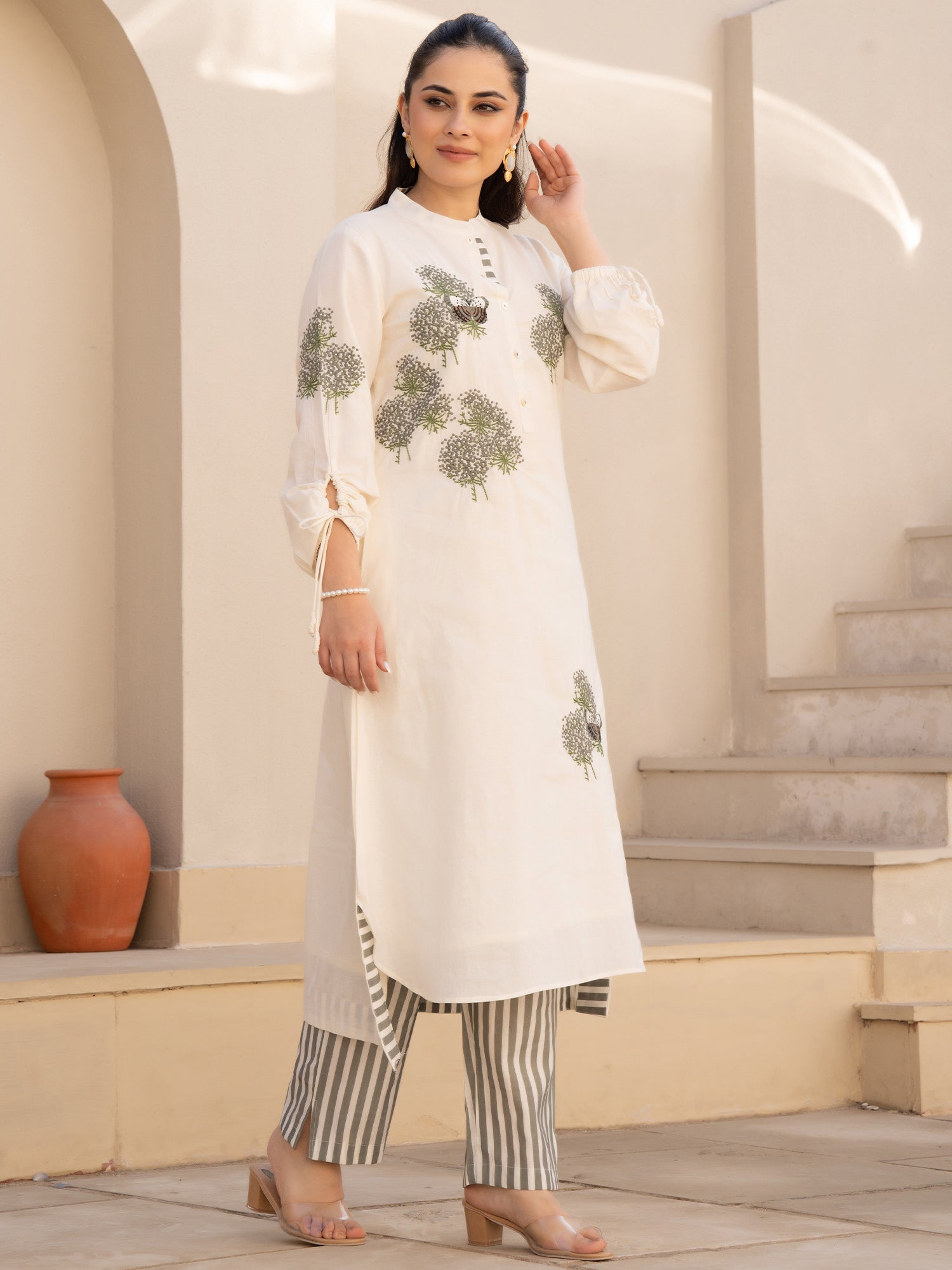 Off White Embroidered Straight Kurta Trousers set