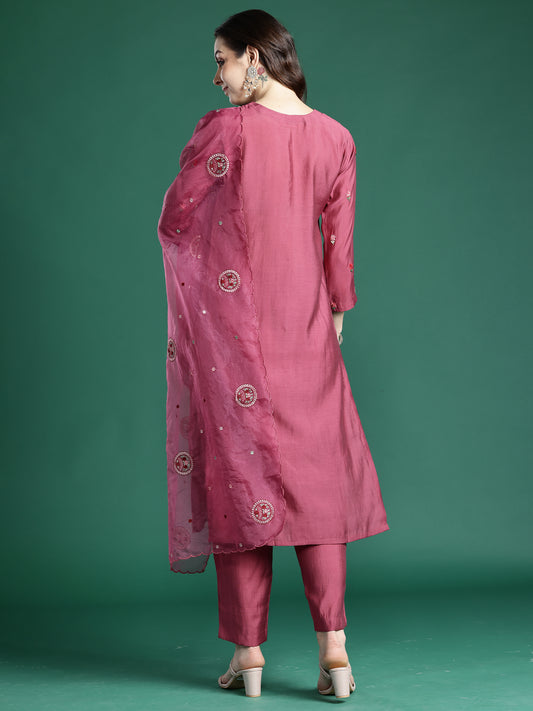 Black Embroidered Straight Kurta Trousers With Dupatta set