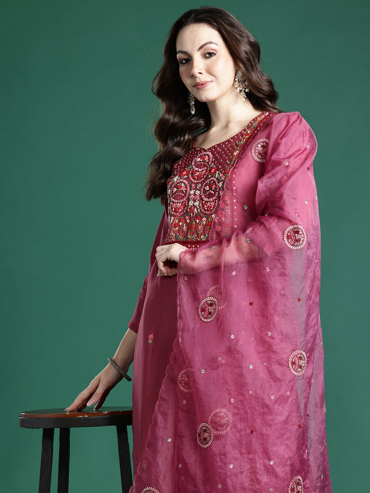 Black Embroidered Straight Kurta Trousers With Dupatta set