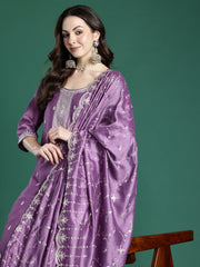Lavender Embroidered Straight Kurta Trousers With Dupatta Set