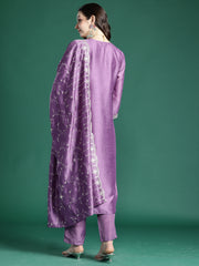 Lavender Embroidered Straight Kurta Trousers With Dupatta Set