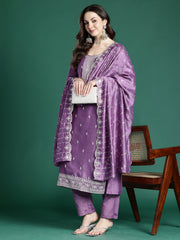 Lavender Embroidered Straight Kurta Trousers With Dupatta Set
