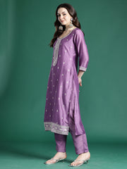 Lavender Embroidered Straight Kurta Trousers With Dupatta Set