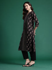 Black Printed Straight Kurta Trousers With Dupatta Set