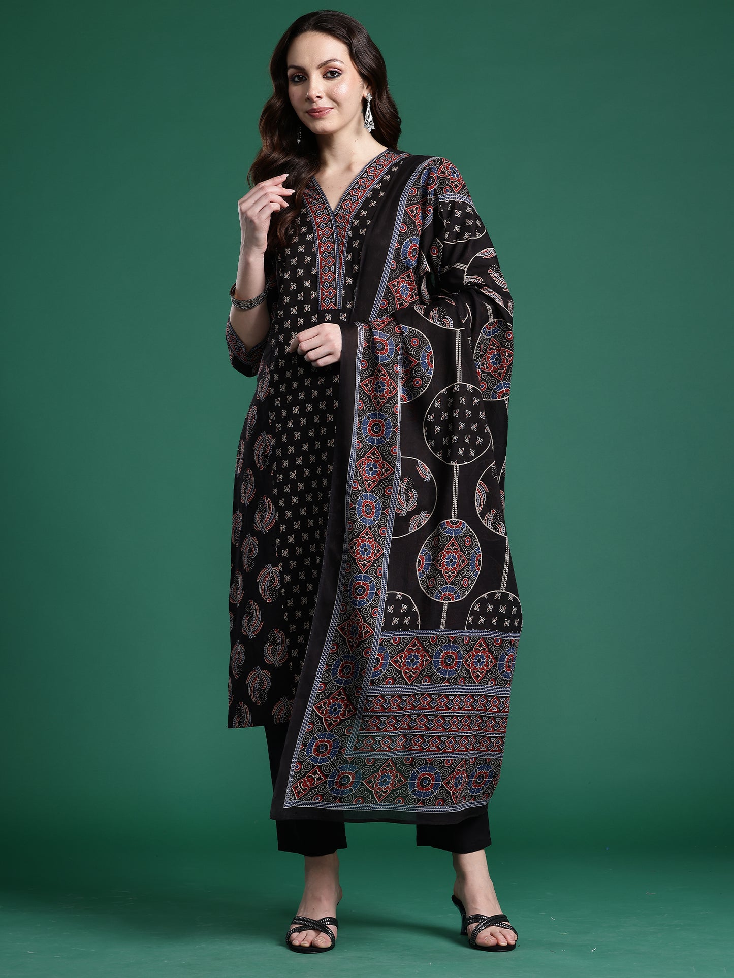Black Printed Straight Kurta Trousers With Dupatta Set