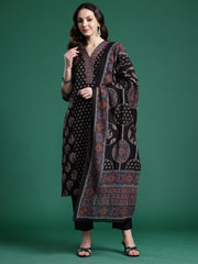 Black Printed Straight Kurta Trousers With Dupatta Set