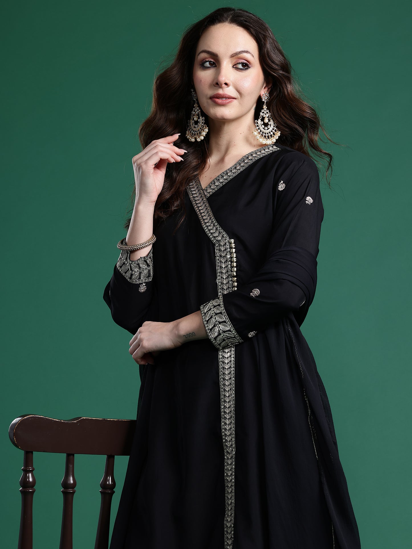 Black Embroidered A-Line Kurta Trousers With Dupatta set
