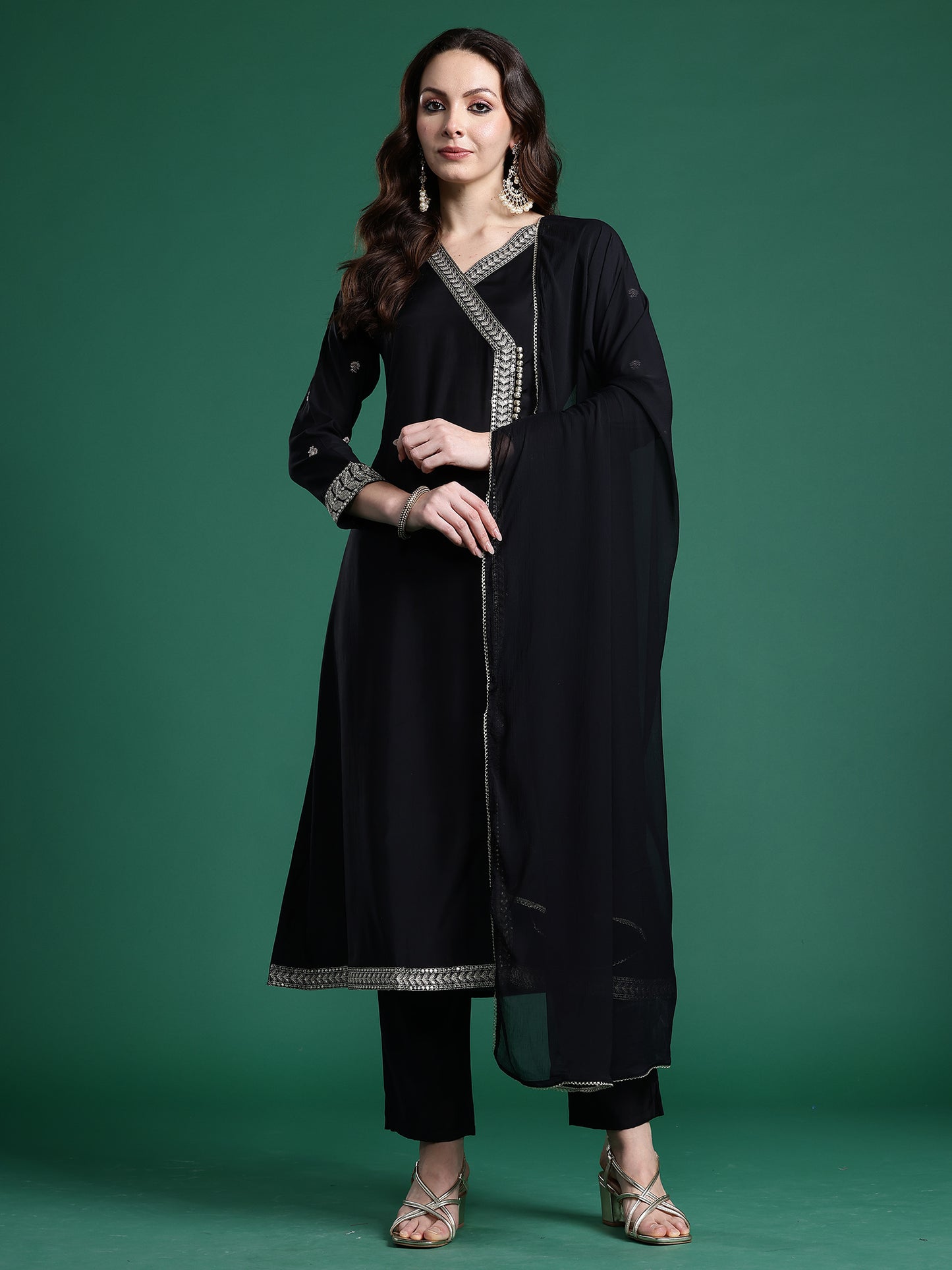Black Embroidered A-Line Kurta Trousers With Dupatta set
