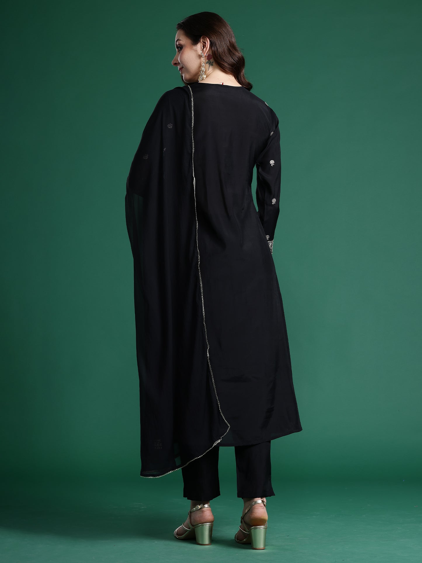 Black Embroidered A-Line Kurta Trousers With Dupatta set