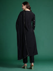 Black Embroidered A-Line Kurta Trousers With Dupatta set