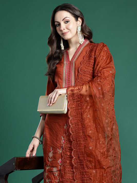 Blue Printed Straight Kurta Trousers With Dupatta Set