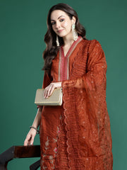Blue Printed Straight Kurta Trousers With Dupatta Set