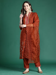 Blue Printed Straight Kurta Trousers With Dupatta Set