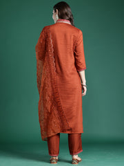 Blue Printed Straight Kurta Trousers With Dupatta Set