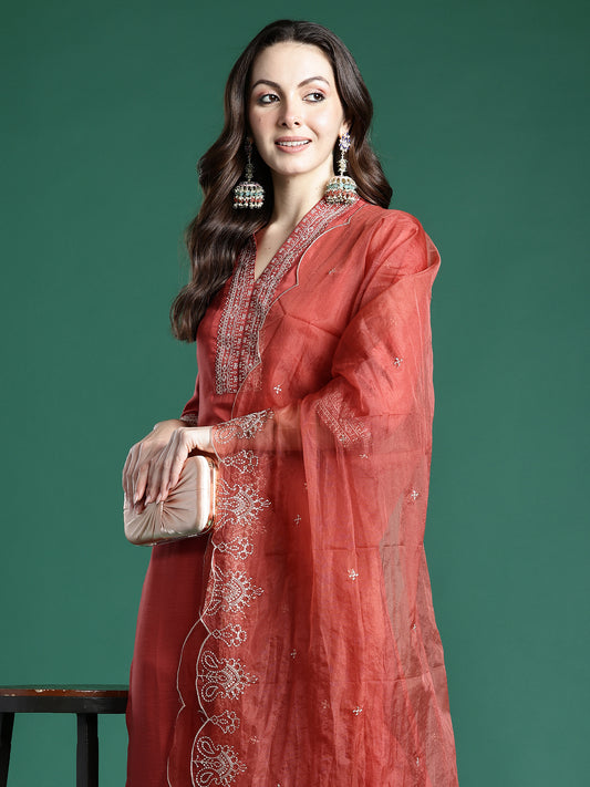 Peach Printed A-Line Kurta Trousers With Dupatta Set