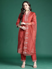 Peach Printed A-Line Kurta Trousers With Dupatta Set
