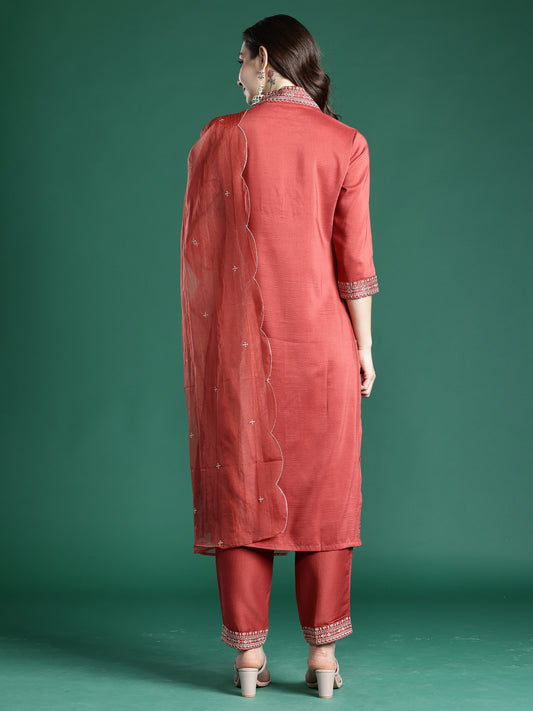 Peach Printed A-Line Kurta Trousers With Dupatta Set
