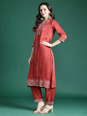 Peach Printed A-Line Kurta Trousers With Dupatta Set