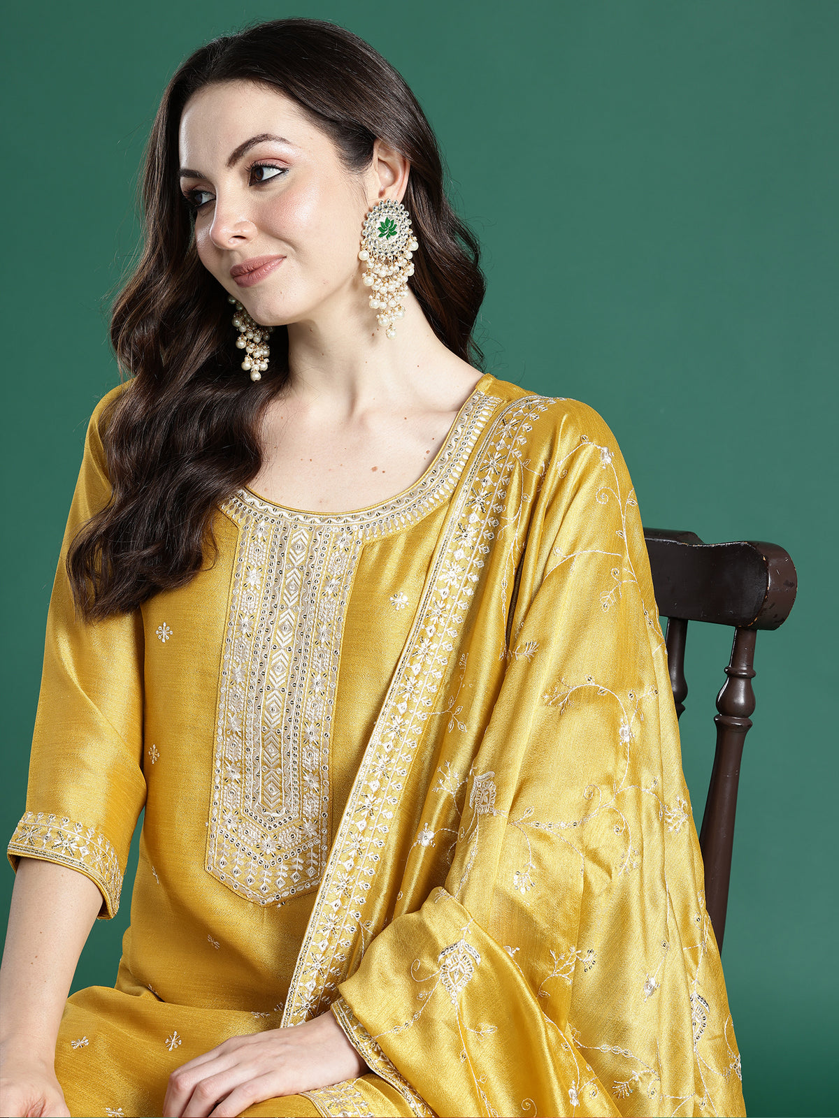Yellow Embroidered Straight Kurta Trousers With Dupatta Set