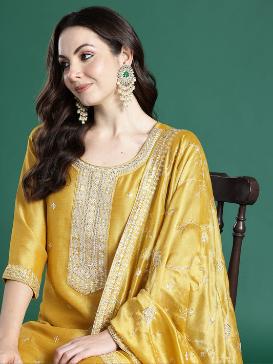 Yellow Embroidered Straight Kurta Trousers With Dupatta Set