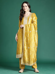 Yellow Embroidered Straight Kurta Trousers With Dupatta Set