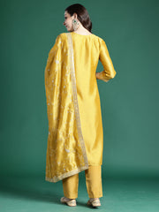 Yellow Embroidered Straight Kurta Trousers With Dupatta Set
