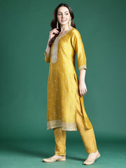 Yellow Embroidered Straight Kurta Trousers With Dupatta Set