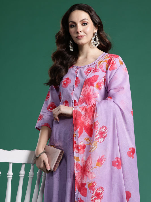 Lavender Printed Anarkali Kurta Trousers With Dupatta Set