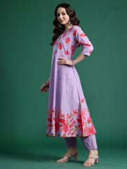 Lavender Printed Anarkali Kurta Trousers With Dupatta Set