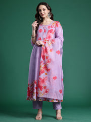 Lavender Printed Anarkali Kurta Trousers With Dupatta Set