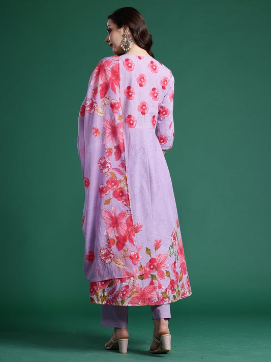 Lavender Printed Anarkali Kurta Trousers With Dupatta Set