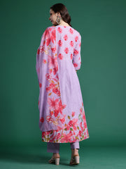 Lavender Printed Anarkali Kurta Trousers With Dupatta Set