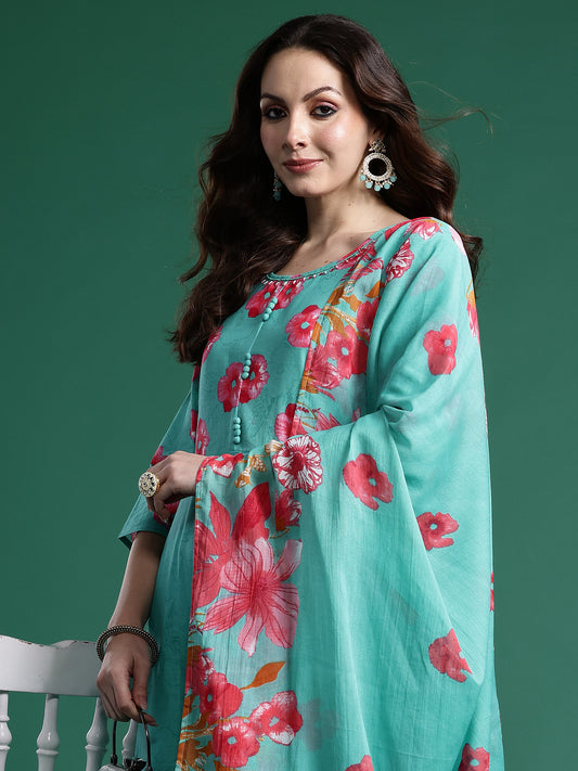 Green Printed Anarkali Kurta Trousers With Dupatta Set
