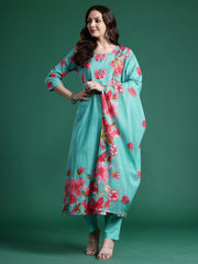 Green Printed Anarkali Kurta Trousers With Dupatta Set