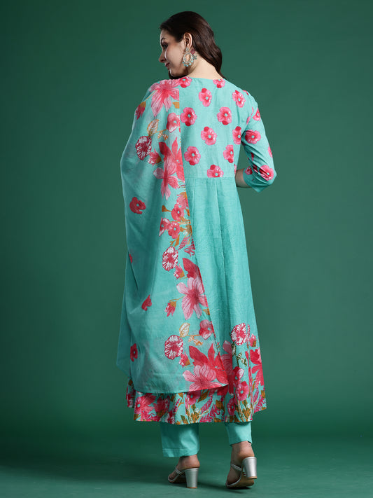 Green Printed Anarkali Kurta Trousers With Dupatta Set