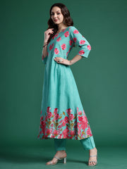 Green Printed Anarkali Kurta Trousers With Dupatta Set