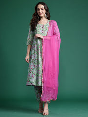Green Printed A-Line Kurta Trousers With Dupatta Set
