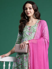 Green Printed A-Line Kurta Trousers With Dupatta Set