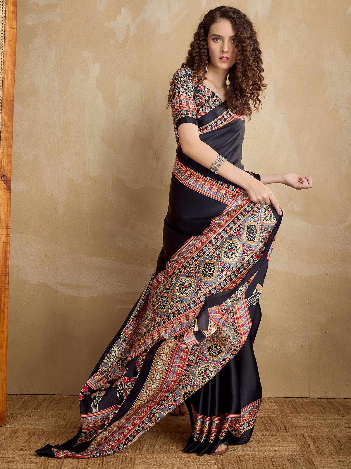 Women's Satin Printed Designer Saree With Blouse Piece