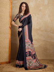 Women's Satin Printed Designer Saree With Blouse Piece