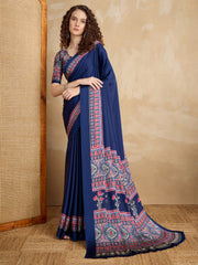 Women's Satin Printed Designer Saree With Blouse Piece