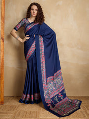 Women's Satin Printed Designer Saree With Blouse Piece