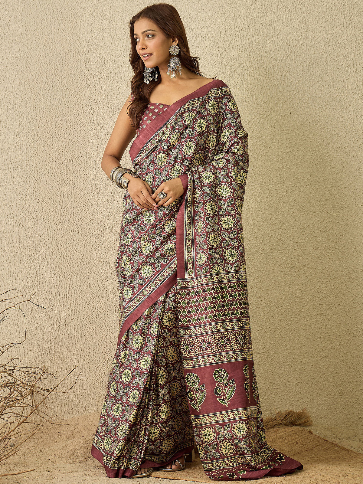 Women's Cotton Blend Printed Ready to Wear With Blouse Piece