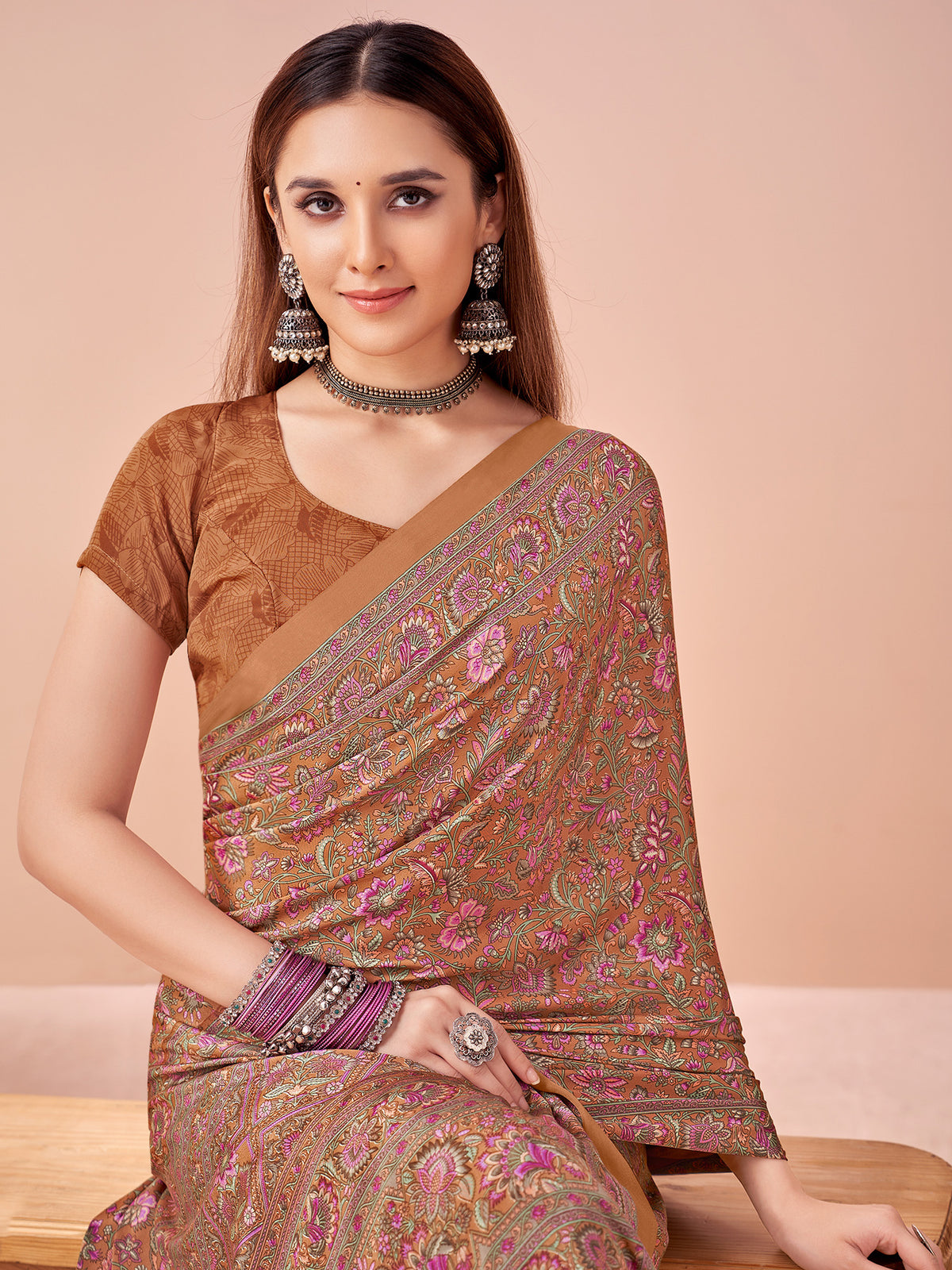 Women's Crepe Brown Printed Designer Saree With Blouse Piece