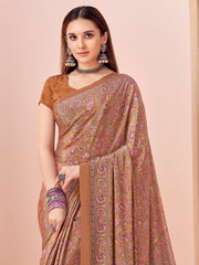 Women's Crepe Brown Printed Designer Saree With Blouse Piece